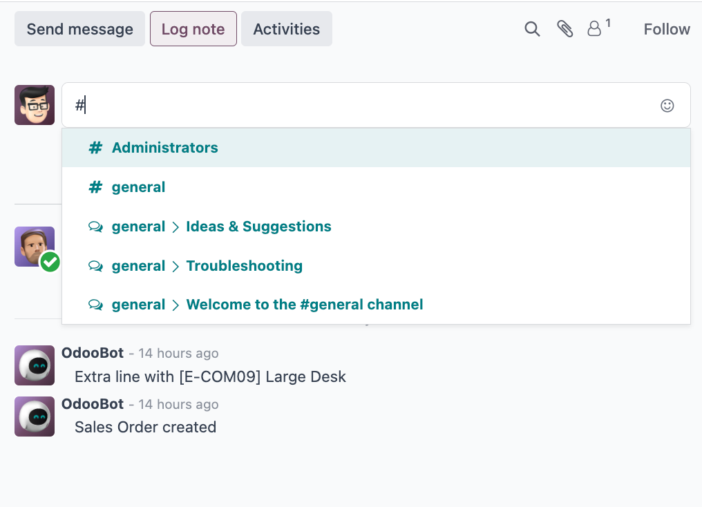 Odoo 18 Log note channel tag