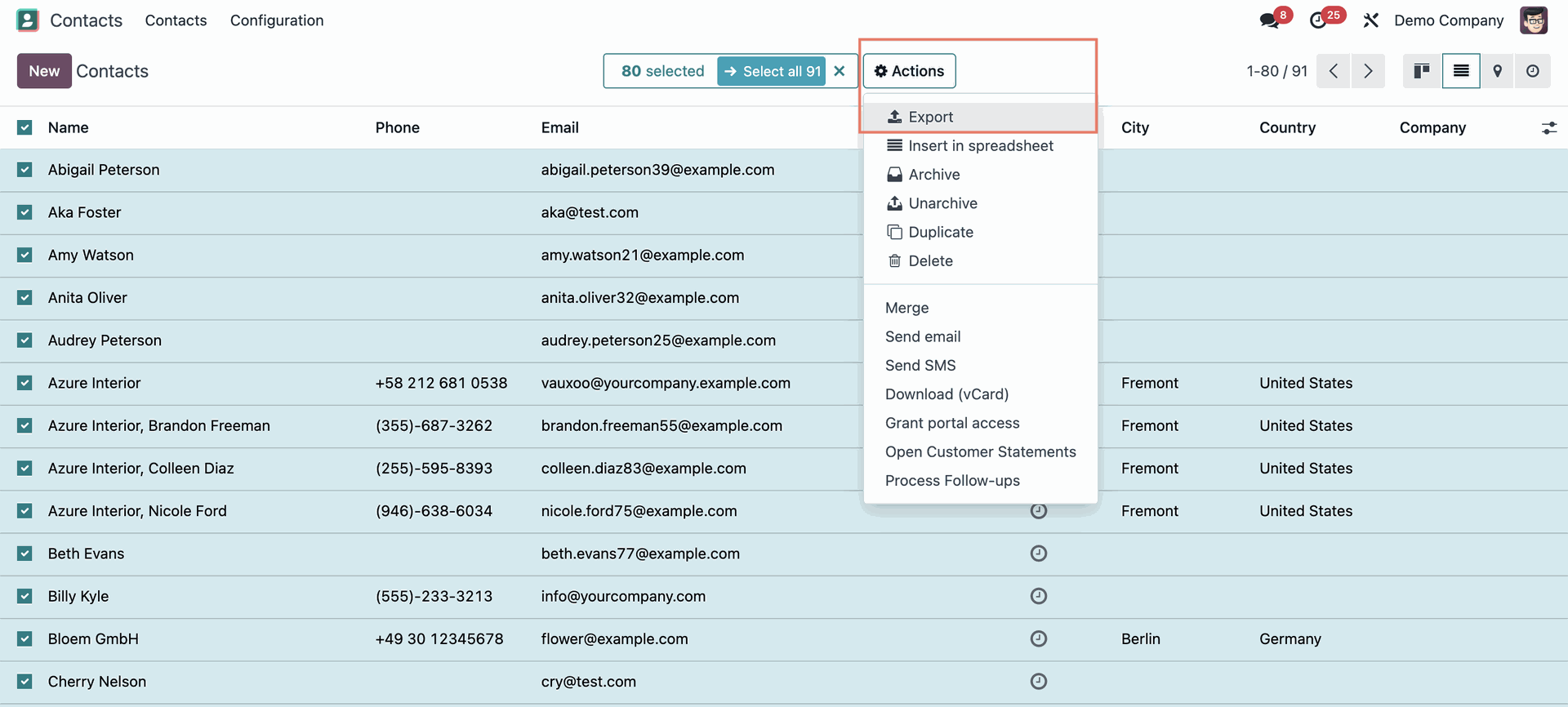 Odoo export actions