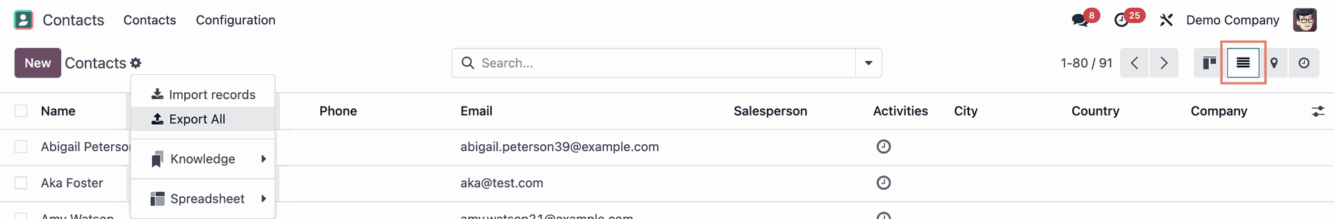 Odoo Export List View