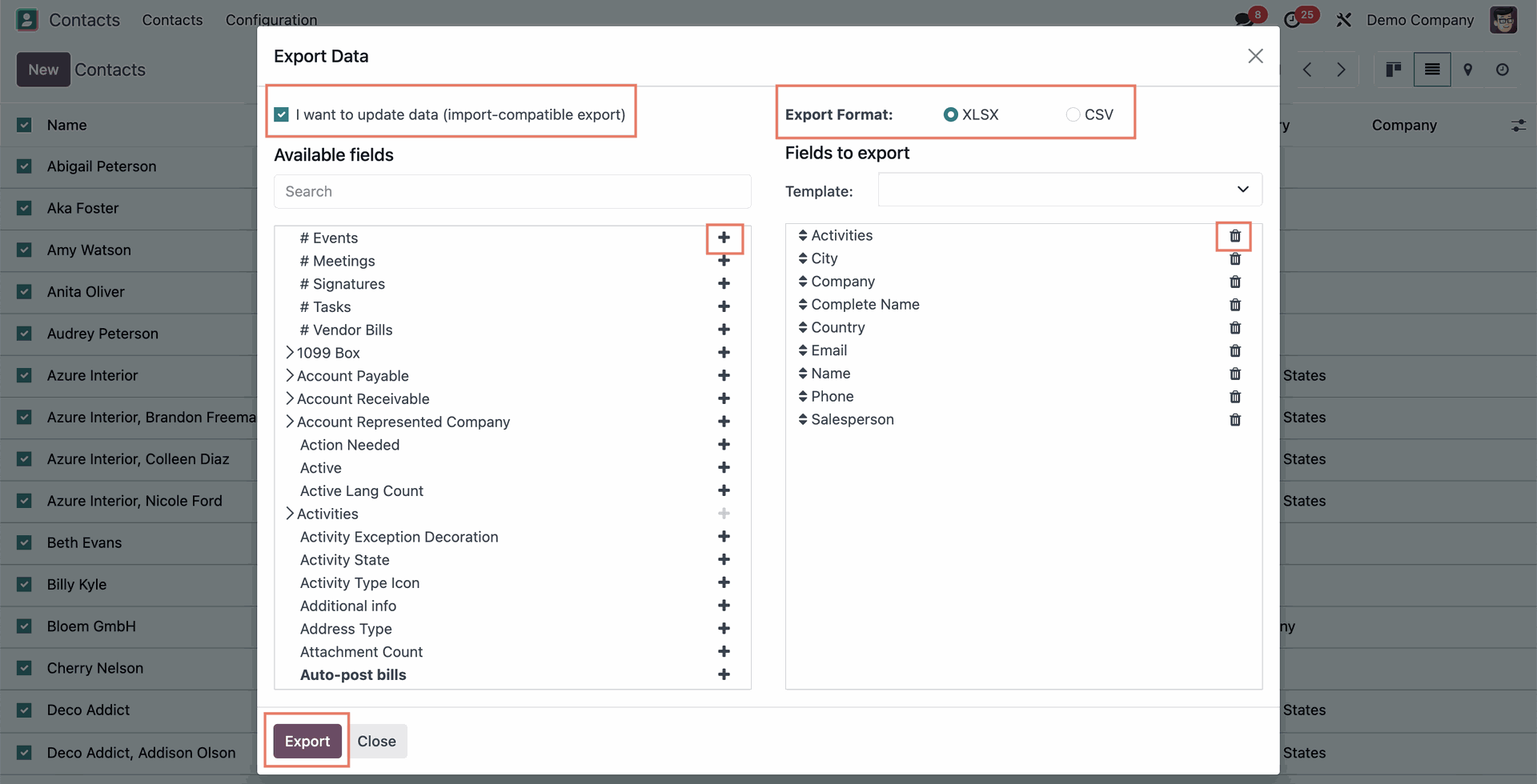 Odoo export settings