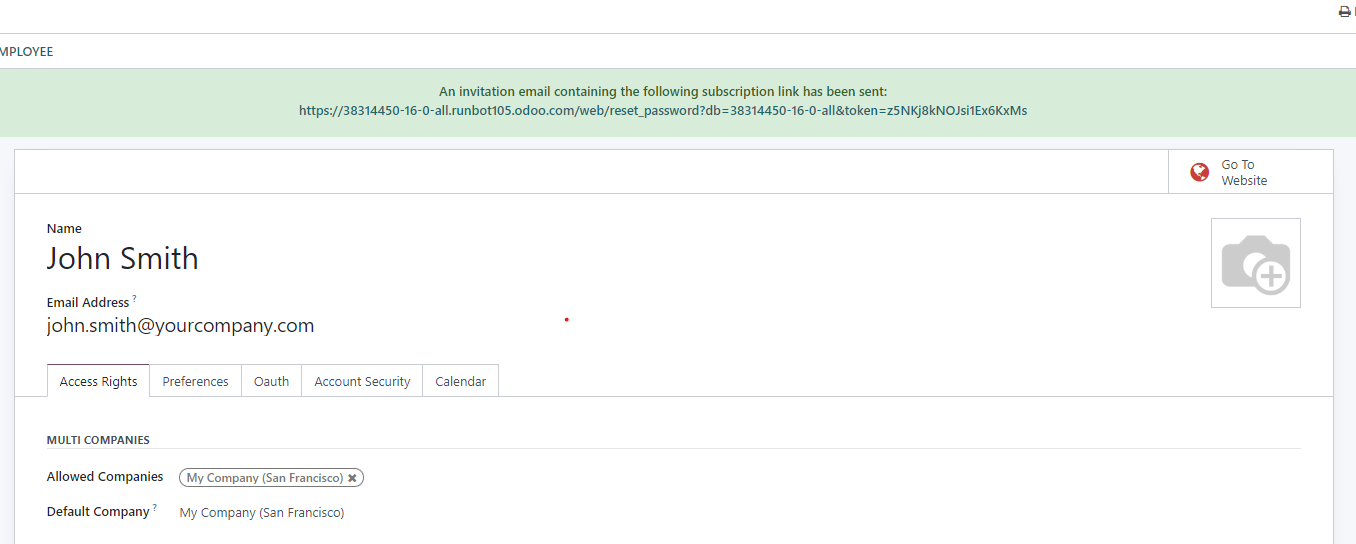 Screenshot of Odoo User Invitation Email