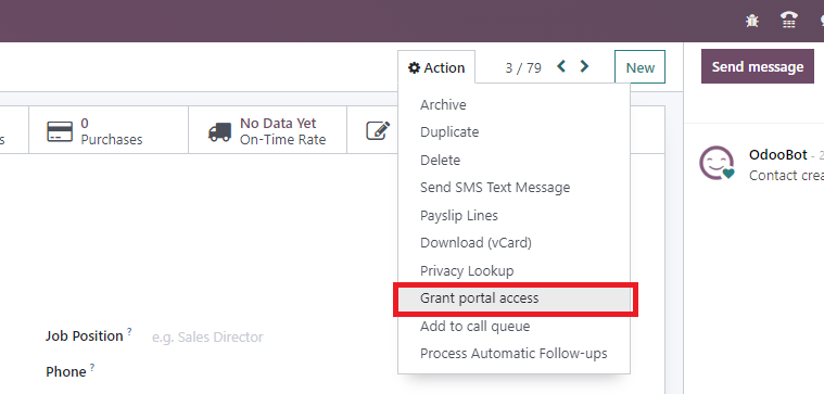 Screenshot of Grant Portal Access Option in Odoo