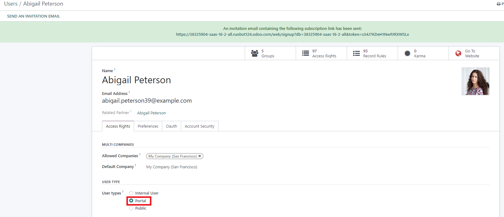 Screenshot of New Portal User Automatically Created in Odoo