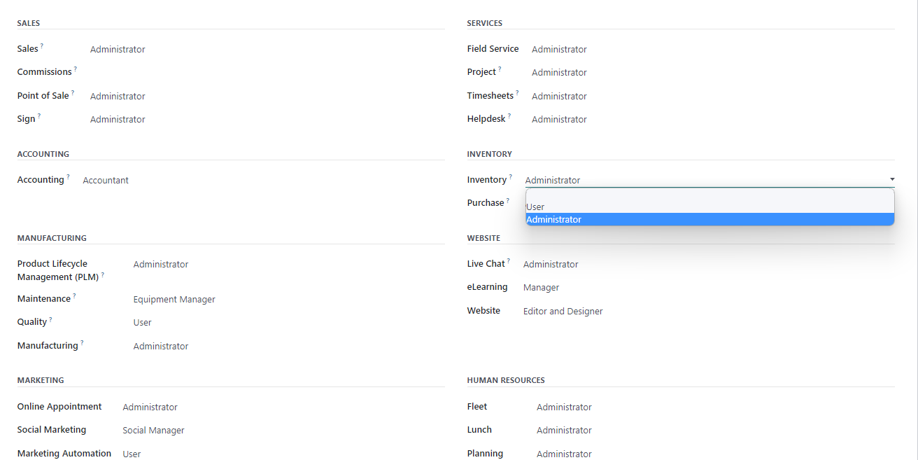 Screenshot of Access Rights Tab in Odoo User Form