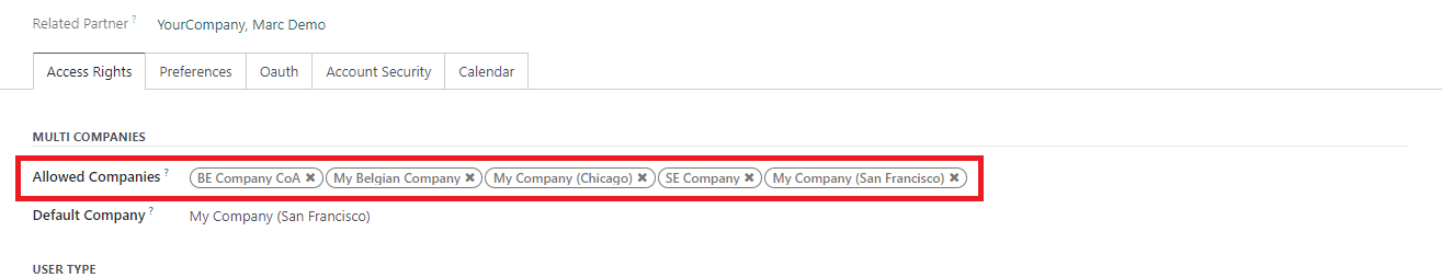 Screenshot of Allowed Companies Field in Odoo