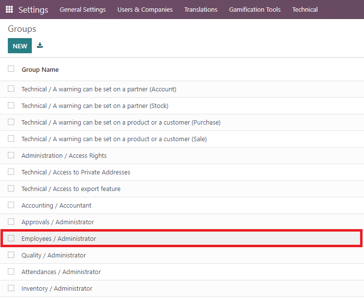 Screenshot of Specific User Group Configuration in Odoo