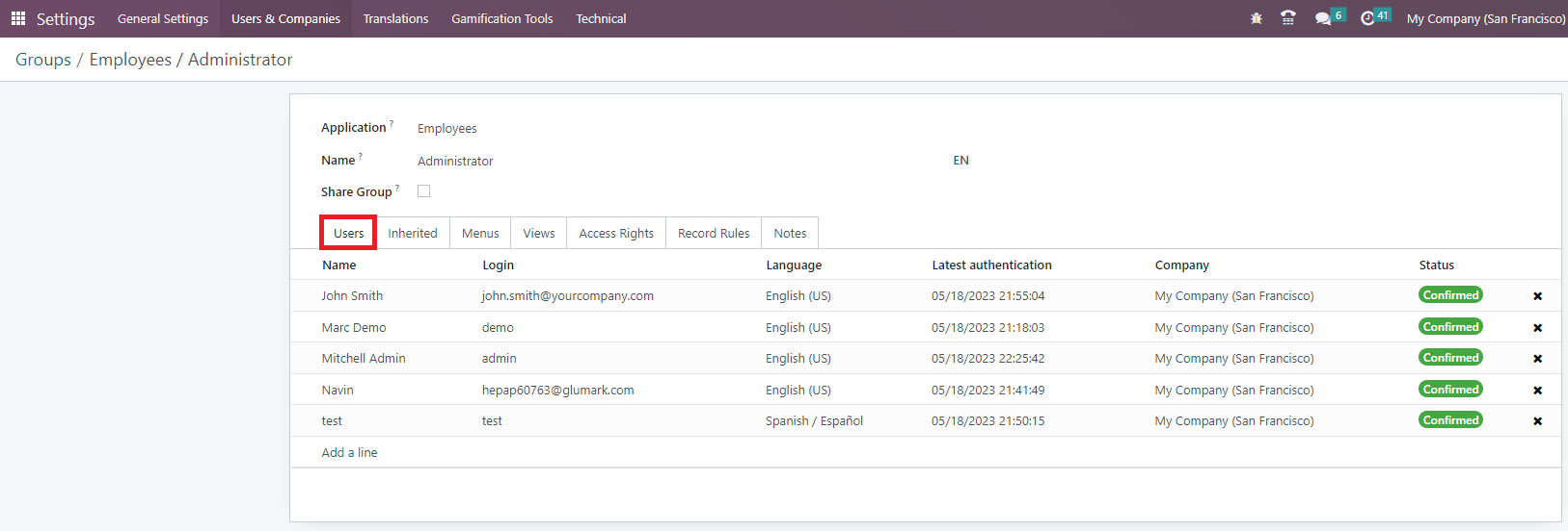 Screenshot of Users Tab within an Odoo Access Group