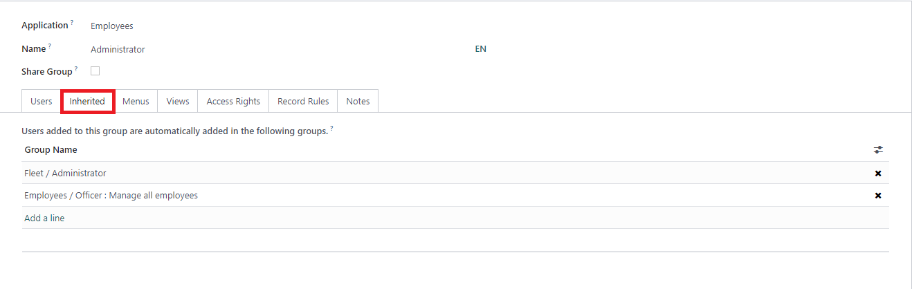 Screenshot of Inherited Tab within an Odoo Access Group