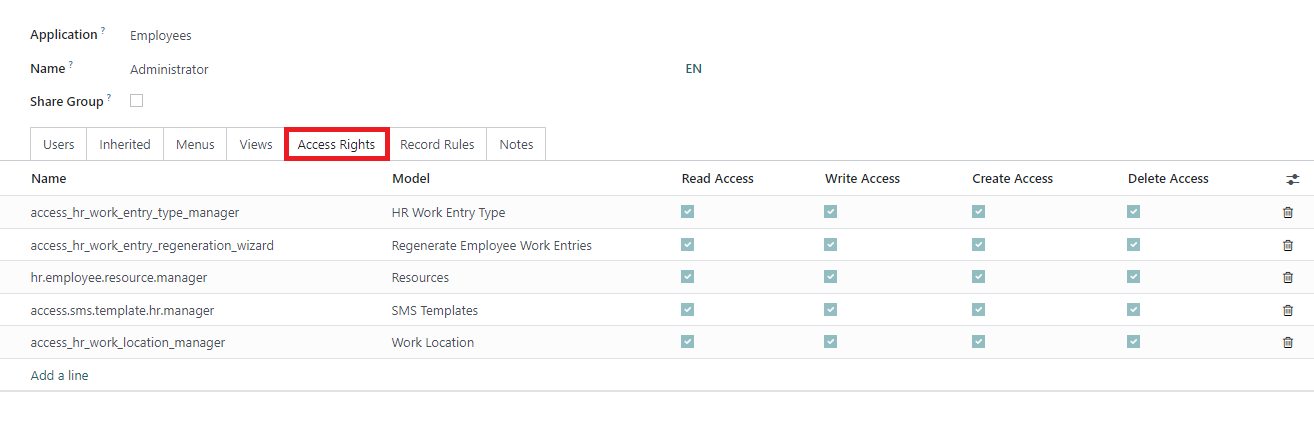 Screenshot of Access Rights Rules Tab in Odoo