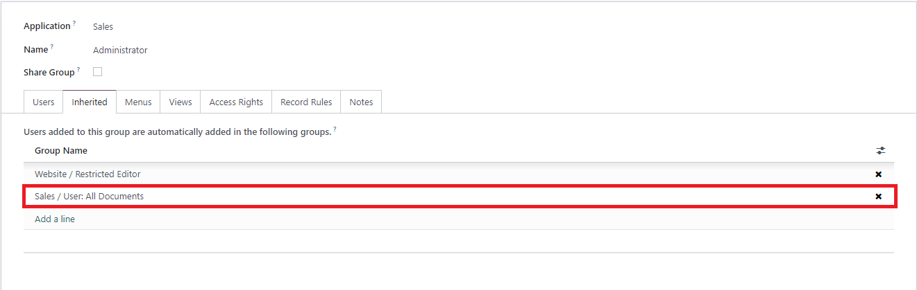 Screenshot of Sales Administrator Group Permissions in Odoo